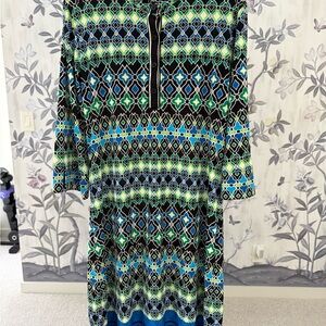 Geometric Patterned Dress with Blue and Green Accents